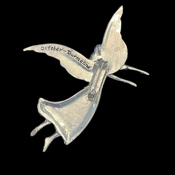 Birthstone Pewter Angel BROOCH PIN Ornament Pendant October Tourmaline Crystal - Picture 3 of 5